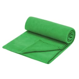 A rolled green blanket with a smooth texture and stitched edges, featuring a logo.