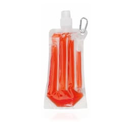 A drink bottle in a transparent pouch design, featuring a bright red liquid inside and a silver clip.