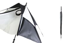 A golf umbrella in black and white with a logo, featuring a unique shape and a sturdy handle.