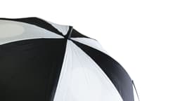 A black and white golf umbrella with a large canopy and a central shaft, featuring a logo.