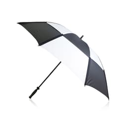 A large black and white golf umbrella with a sturdy handle and a curved shape, featuring a logo on the canopy.