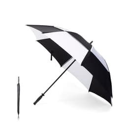 A black and white golf umbrella with a sleek design, featuring a curved handle and a logo.