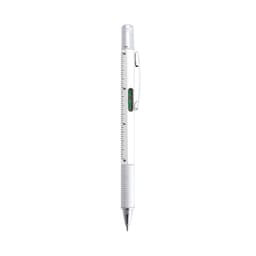 A multifunction pen in white with a ruler and level, featuring a silver grip and clip.