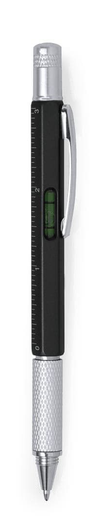 A multifunction pen in black and silver with a ruler and level feature, featuring branding.