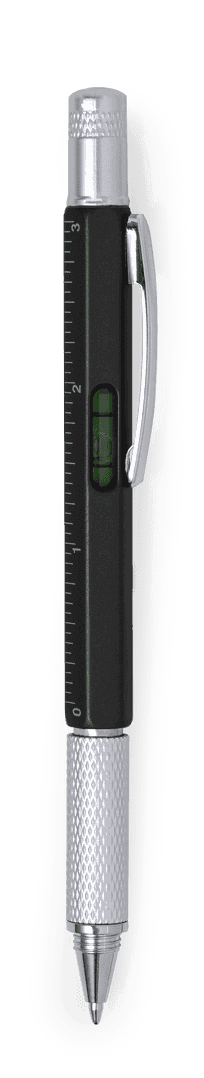 A multifunction pen featuring a black body and silver accents, with a ruler and spirit level included.