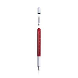 A multifunction pen in red and silver, featuring a ruler and removable cap for added functionality.