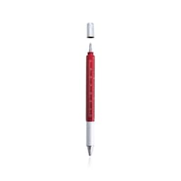 A multifunction pen in red and silver, featuring a removable cap and measuring ruler on the barrel.
