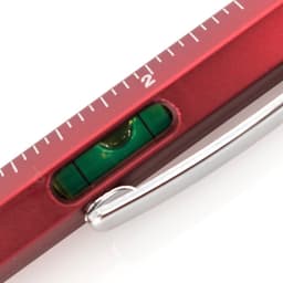 A red multifunction pen with a ruler, level, and metal clip. The pen features a clear measuring scale.