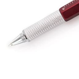 A multifunction pen with a silver textured grip and a red upper section, featuring a chrome tip and branding.