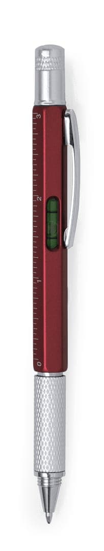 A multifunction pen in burgundy and silver, featuring a measuring tool and a logo.
