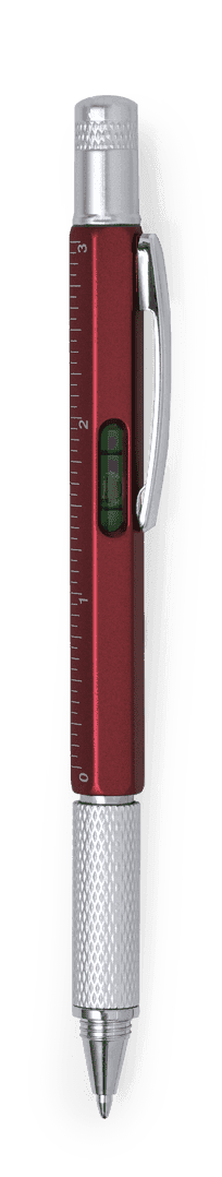 A multifunction pen in red and silver, featuring a ruler and spirit level, with a branded logo.