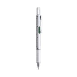 A multifunction pen featuring a silver body with a ruler and spirit level integrated into the design.