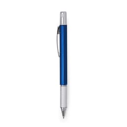 A multifunction pen in blue with silver detailing, featuring a clip and textured grip.