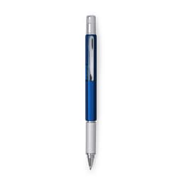 A blue multifunction pen with a silver clip and grip section. The pen features a logo on its surface.