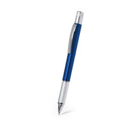 A multifunction pen in a sleek blue colour with silver accents and a knurled grip. It features a logo as well.