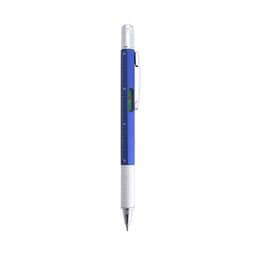 A multifunction pen featuring a blue body, metallic accents, a ruler, and a level. It includes a clip and has branding.