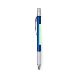 A multifunction pen in blue and silver with a clip and a branding logo.