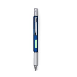 A blue multifunction pen with a silver clip and a textured grip, featuring a small window and branding.