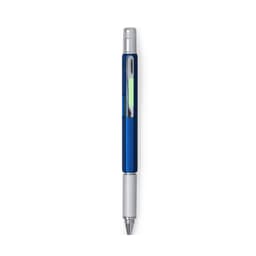 A multifunction pen in blue and silver, featuring a transparent section. The pen includes a textured grip and a clip.