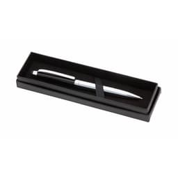 A black and silver ballpoint pen displayed in a sleek black box. The pen has a shiny finish and a branded logo.