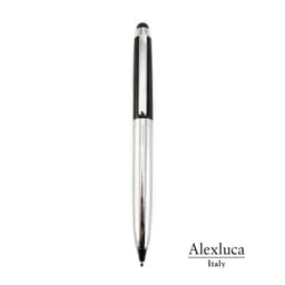 A transparent ballpoint pen with a silver clip and a black stylus tip, featuring a logo.