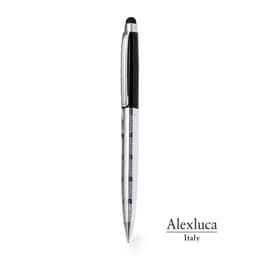 A silver and black Lantey ballpoint pen with a stylus tip and a logo.