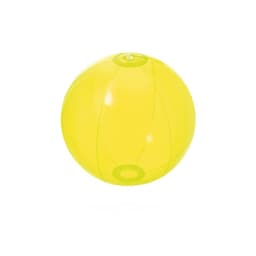 A bright yellow inflatable beach ball with a transparent design and a valve for air inflation.