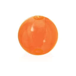 An orange inflatable ball with a glossy finish, featuring a logo on its surface.