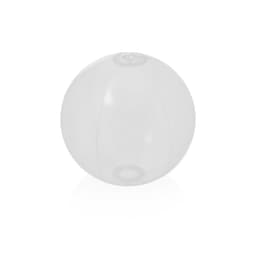 A transparent inflatable beach ball with a smooth surface and a central inflation valve.