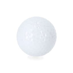 A white golf ball featuring a dimpled texture and a branding logo.