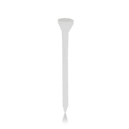A white golf tee with a flat top and pointed end, featuring a simple design and a smooth surface.