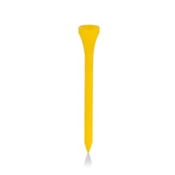 A yellow golf tee with a tapered top and pointed end, set against a plain background.