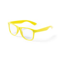 Yellow sunglasses with a classic frame design, featuring a logo on the side. Ideal for leisure and outdoor activities.