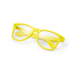 Yellow sunglasses with a stylish design, featuring a logo on the side. Ideal for leisure and outdoor activities.