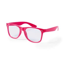 Bright pink sunglasses with a sleek design and transparent lenses. Includes a logo on the frame.