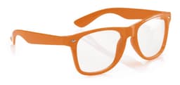Orange sunglasses with a square frame, featuring clear lenses and a logo on the side.