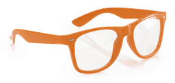 Orange sunglasses with a modern frame design, featuring a logo on the side.