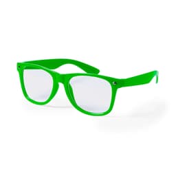 Green sunglasses with clear lenses and a glossy finish, featuring a logo on the side.
