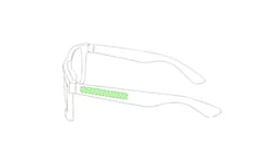 A pair of sunglasses featuring a green accent on the side, with a sleek design and a logo on the frame.