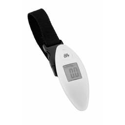 A digital luggage scale in white and black with a strap, featuring an on/off button and a display screen.