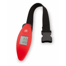 A digital luggage scale in red with a black strap, featuring a clear display for weight measurement.