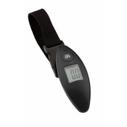 A digital luggage scale in black with a strap and a clear display for weight measurement.