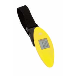 A digital luggage scale with a yellow body and black strap, featuring a clear LCD display.
