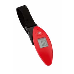 A red digital scale with a black strap, featuring an LCD display for weight measurement.