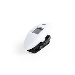 A white device with a digital display and a black strap, designed for an unspecified function.