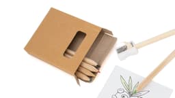 A gift set featuring coloured pencils in a cardboard box, with a sharpener and a colouring sheet.