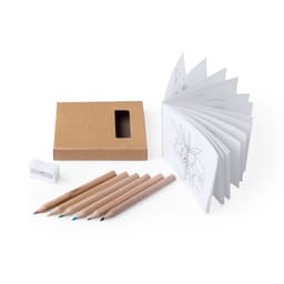 A coloured pencil set featuring six pencils in various colours, a sketchbook, and a sharpener, all in a cardboard box.