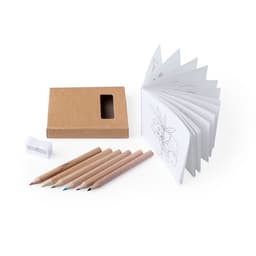 A gift set featuring coloured pencils in various shades, an eraser, and a sketchbook in a kraft box.