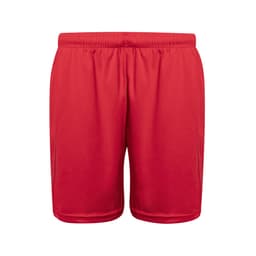 Red sports shorts with an elastic waistband and a simple design, featuring a logo on the front.