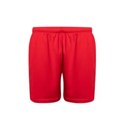 Red sports shorts with an elastic waistband and a logo on the front. Suitable for activewear.